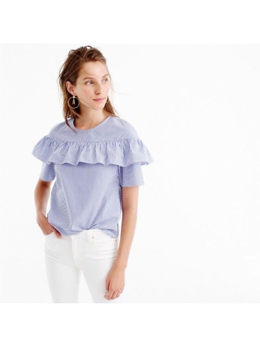J Crew Edie Blue & White Stripe Ruffle Cotton Short Sleeve Blouse Top, size 00